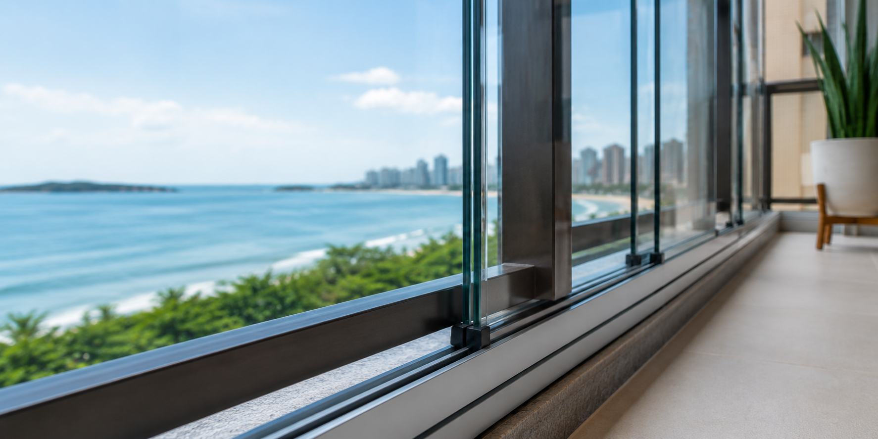 Detalhe de fechamento de varanda com vista para o mar